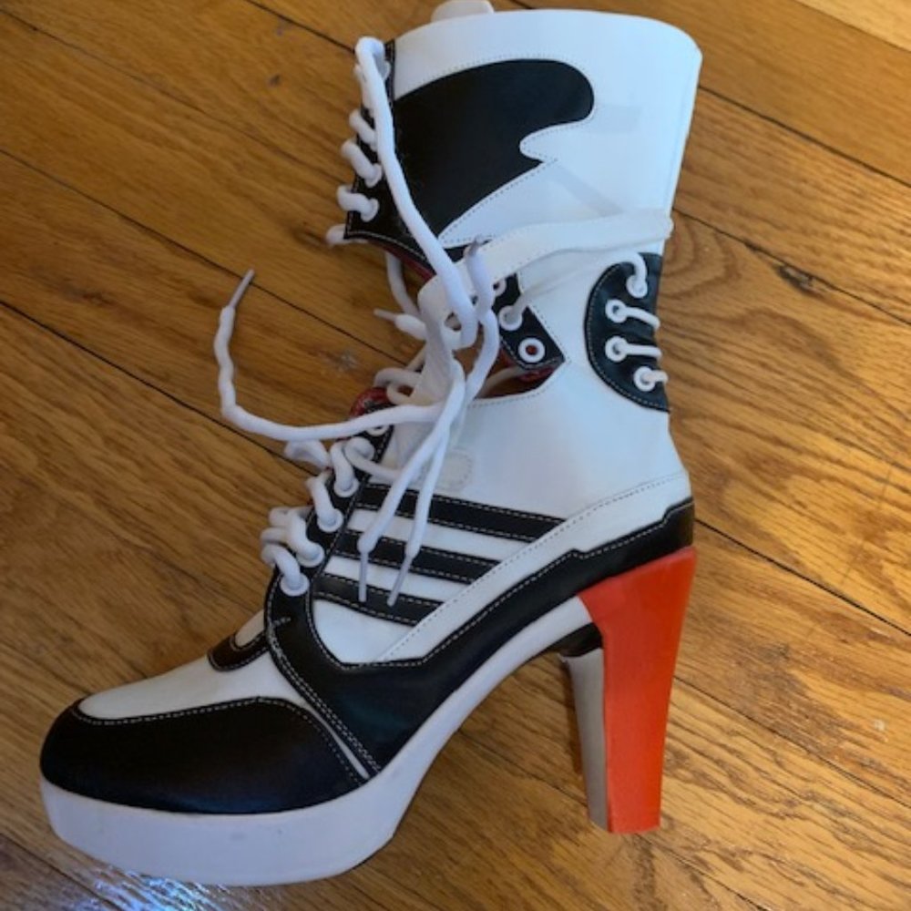 Harley Quinn Womens Cosplay Halloween White Pleather Shoes High Heel Boots SZ9